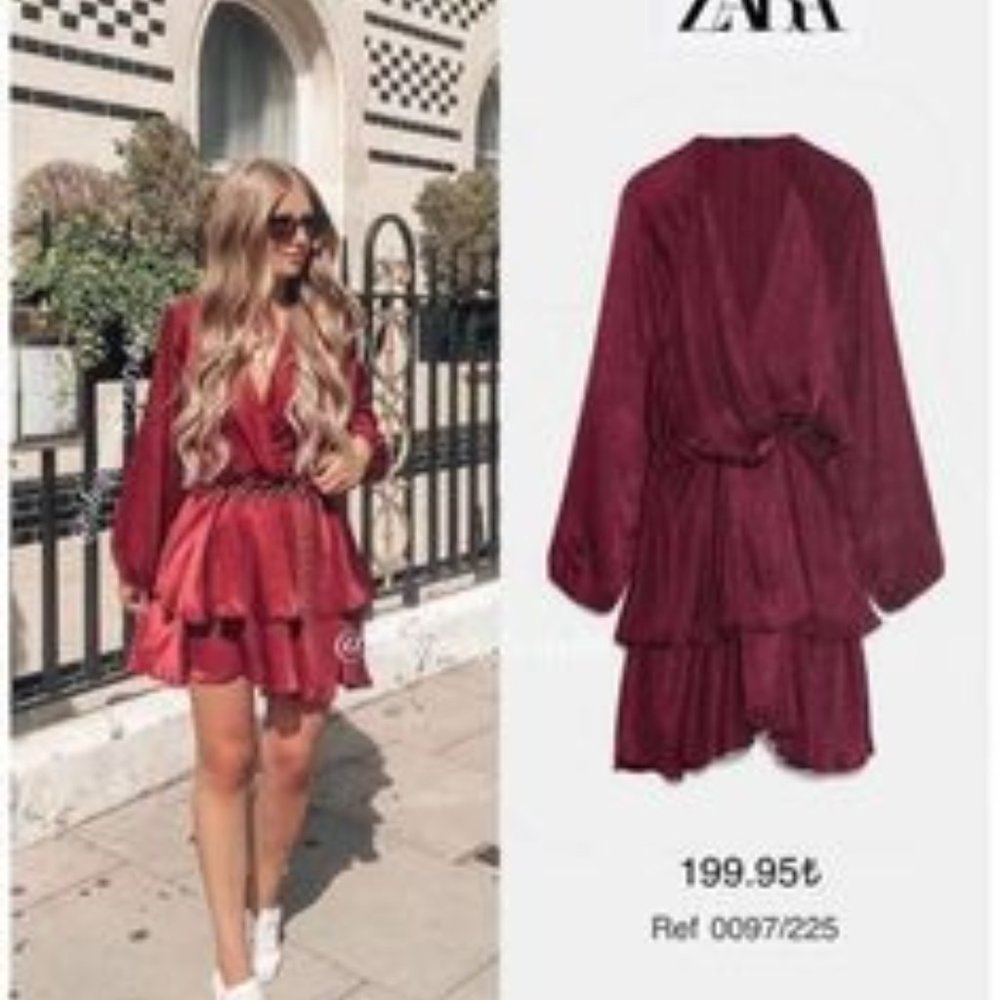 ZARA MINI RUFFLED SATIN DRESS PUFF SLEEVES used